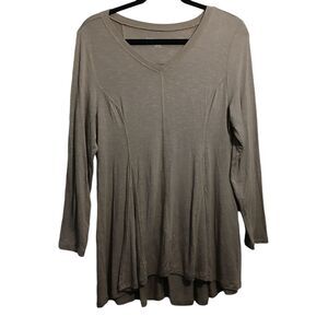 Soft Surroundings Women Petite M Tan V Neck Tunic Blouse 3/4 Sleeve Stretch